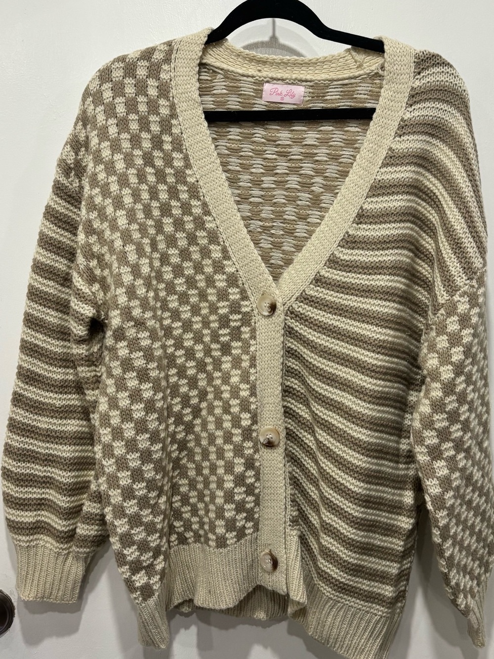 Pink Lily Cream and Tan Mixed-Pattern V-Neck Cardigan